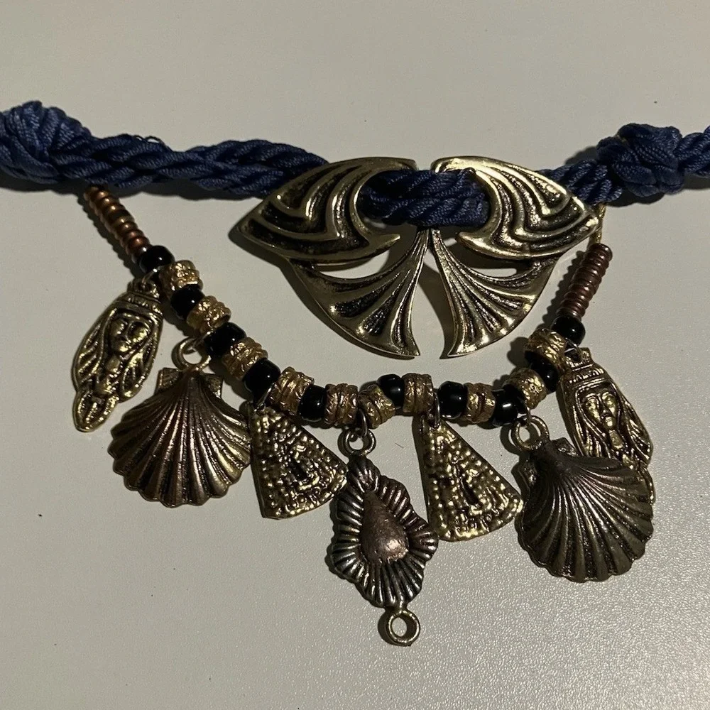 Navy‎ Blue Rope Belt with Gold Shell Charms, Vintage Statement Adjustable Waist